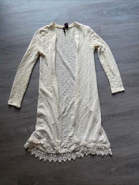 Women's Cream Lace-Trim Open-Front duster Cardigan